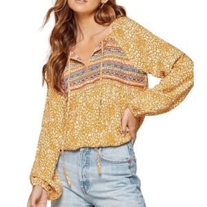 Savanna Jane Embroidered Boho Peasant Yellow Marigold Long Sleeve Blouse S